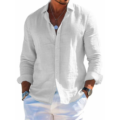Camisa Masculina de Verão Versátil e Lisa – Estilo Casual/Praia, Manga Longa, Gola Clássica e Modelagem Slim Fit