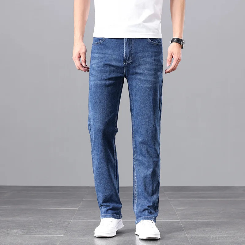 Calça Jeans Masculina Plus Size de Alta Elasticidade, Corte Reto e Largo, Cintura Média-Alta (Atacado)
