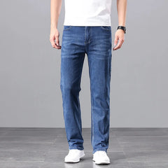 Calça Jeans Masculina Plus Size de Alta Elasticidade, Corte Reto e Largo, Cintura Média-Alta (Atacado)