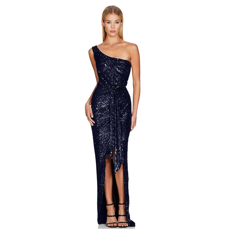 Moda Feminina Instagram – Vestido Plissado de Um Ombro Só com Amarração – Vestido de Festa com Lantejoulas (Estilo "Sweet & Spicy")