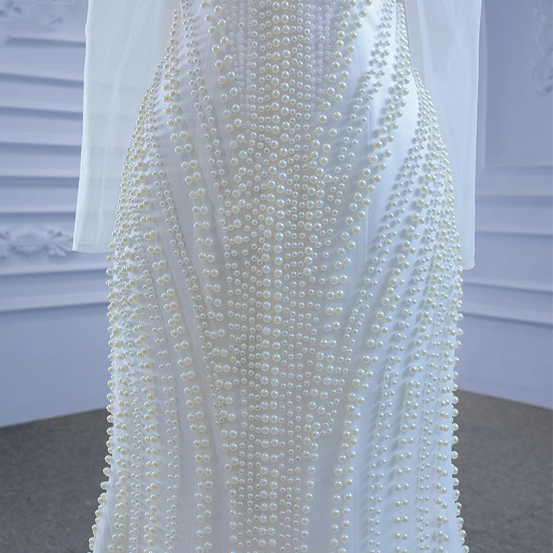 Vestido de Noiva Jancember Estilo Sereia Justo com Pérolas e Decote Ombro a Ombro