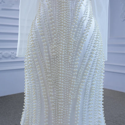 Vestido de Noiva Jancember Estilo Sereia Justo com Pérolas e Decote Ombro a Ombro