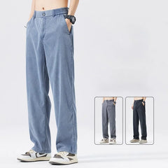 Calça Jeans Masculina RNSHANGER de Liocel – Estilo Verão, Ultrafina, Toque Fresco (Ice Silk), Caimento Fluido e Confortável, Modelagem Reta e Casual (Cores: Café e Azul)