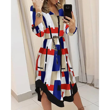 Novo vestido longo feminino de outono com estampa geométrica, decote em V, estilo camisa color block, com laço na lapela e barra assimétrica.