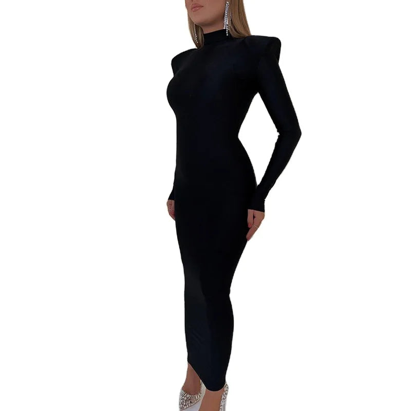 Vestido midi de gola alta, justo ao corpo, para outono e inverno, feminino, casual, manga longa, tamanhos P, M, G e plus size. Vestido slim elástico, preto, azul e verde.