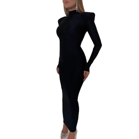 Vestido midi de gola alta, justo ao corpo, para outono e inverno, feminino, casual, manga longa, tamanhos P, M, G e plus size. Vestido slim elástico, preto, azul e verde.