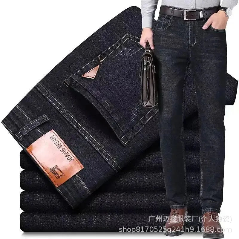 Calça Jeans Masculina Plus Size de Alta Elasticidade, Corte Reto e Largo, Cintura Média-Alta (Atacado)