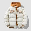 Jaqueta de Beisebol de Inverno Estilo Harajuku com Design de Camadas Sobrepostas , Acolchoada com Algodão e Plumas, Modelagem Larga, com Capuz e Proteção contra o Frio .