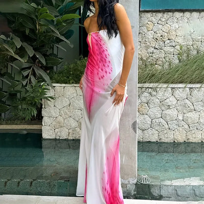 Vestido longo feminino casual de verão com estampa floral da moda, modelagem slim, corte reto e elegante para praia.