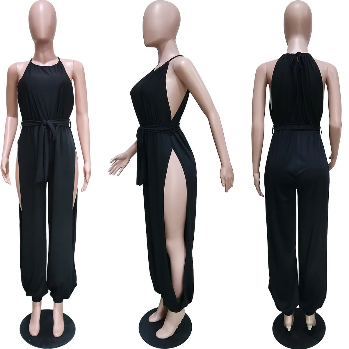 Macacão feminino de verão, casual e justo, em cor sólida, com alças, cordão, sem mangas, cintura alta e detalhes em tricô.