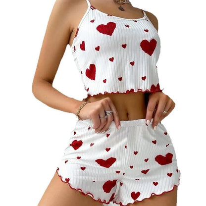 Conjunto de Pijama Feminino de 2 Peças com Estampa de Corações: Top Cropped Sem Mangas e Shorts – Roupa de Dormir e de Ficar em Casa Macia e Confortável para o Verão