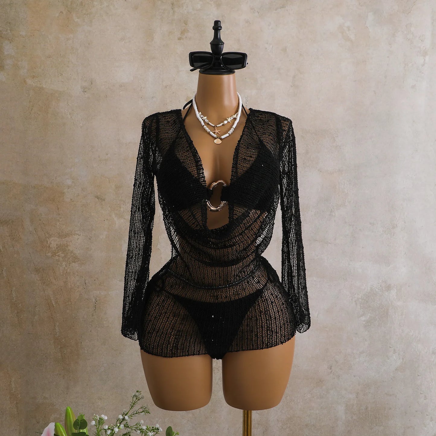 NOVO ESTOQUE Conjunto de biquíni feminino texturizado de 3 peças em 3 cores com amarração frontal em argola, modelo brasileiro, com saída de praia transparente. Tamanho P