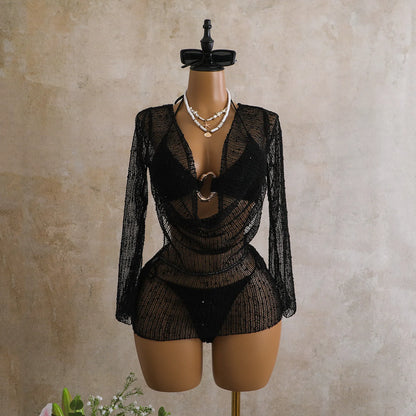NOVO ESTOQUE Conjunto de biquíni feminino texturizado de 3 peças em 3 cores com amarração frontal em argola, modelo brasileiro, com saída de praia transparente. Tamanho P