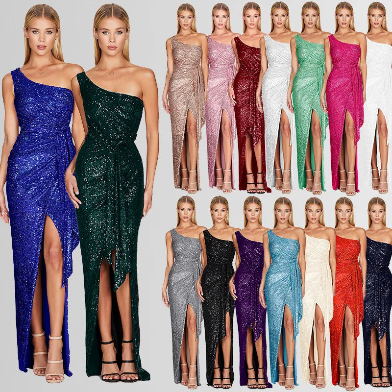 Moda Feminina Instagram – Vestido Plissado de Um Ombro Só com Amarração – Vestido de Festa com Lantejoulas (Estilo "Sweet & Spicy")
