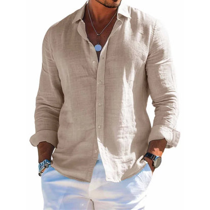 Camisa Masculina de Verão Versátil e Lisa – Estilo Casual/Praia, Manga Longa, Gola Clássica e Modelagem Slim Fit