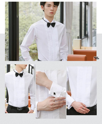 French Cuff Sleeves Party Dinner Wedding White Tuxedo Shirt With Bow Tie