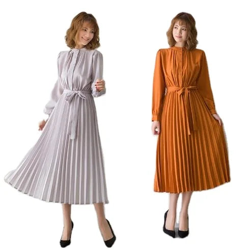 Women's Minimalist Long Sleeve Solid Color Stand up Collar Tie up Waist Pleated Women's Clothes Casual Loose Fitting Dress