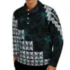 Camisa Polo Masculina Plus Size de Manga Longa com Estampa de Plumeria (Estilo Havaiano) e Design de Tatuagem Polinésia/Samoana
