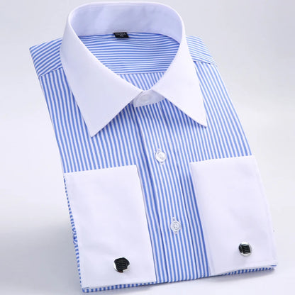 Camisa masculina clássica francesa com punhos listrados, bolso único, ajuste padrão, camisas de casamento de manga comprida (abotoaduras incluídas)
