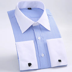 Camisa masculina clássica francesa com punhos listrados, bolso único, ajuste padrão, camisas de casamento de manga comprida (abotoaduras incluídas)