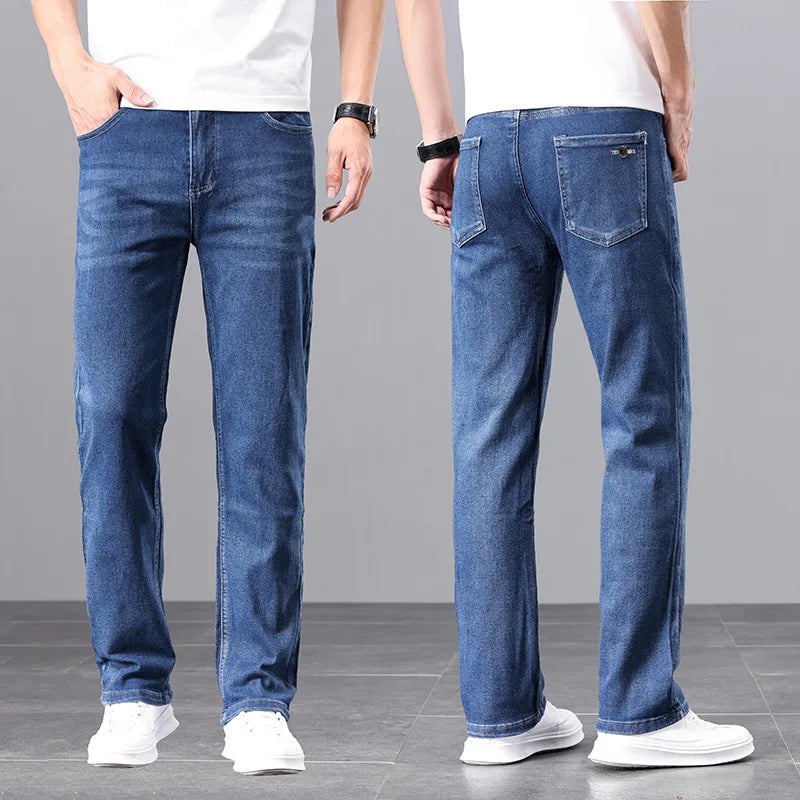 Calça Jeans Masculina Plus Size de Alta Elasticidade, Corte Reto e Largo, Cintura Média-Alta (Atacado)