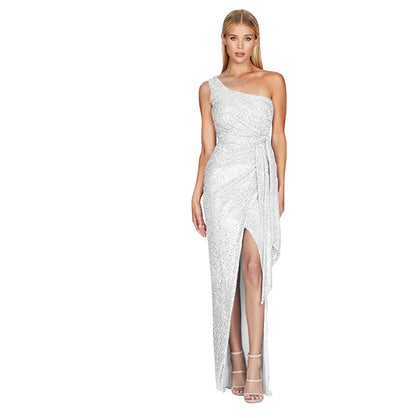 Moda Feminina Instagram – Vestido Plissado de Um Ombro Só com Amarração – Vestido de Festa com Lantejoulas (Estilo "Sweet & Spicy")