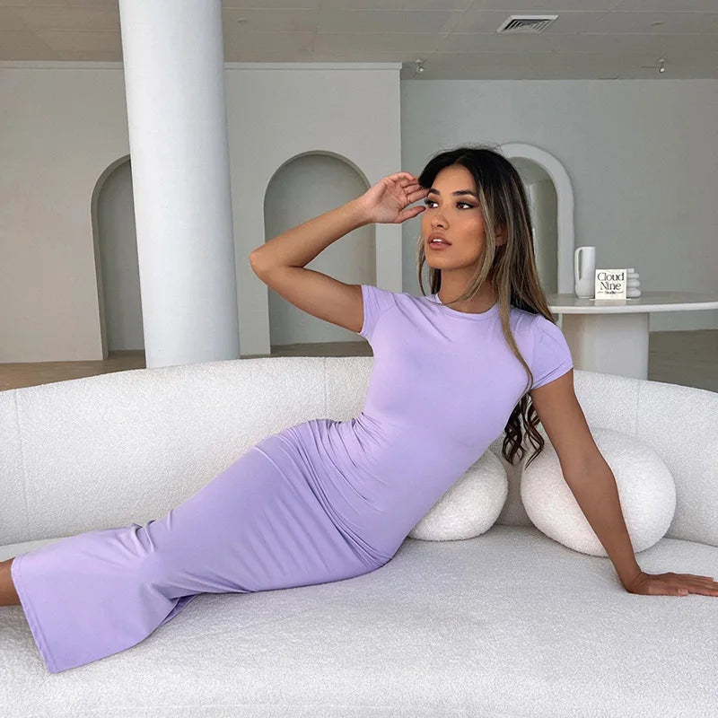 Vestido midi feminino de cor sólida, justo ao corpo, manga curta, elegante, macio, versátil para primavera/verão, ideal para festas, ocasiões casuais e uso diário.