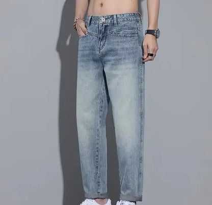 Calça Jeans Masculina de Verão, Corte Reto e Ajustado (Mid Slim Fit), Cor Sólida, Secagem Rápida, Leve e Confortável – Tendência de Moda Casual
