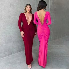 Vestido longo feminino sexy de festa com costas abertas, modelo maxi, estilo tubinho, com drapeado, cor sólida, ideal para a primavera e o verão.