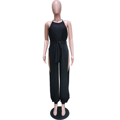 Macacão feminino de verão, casual e justo, em cor sólida, com alças, cordão, sem mangas, cintura alta e detalhes em tricô.