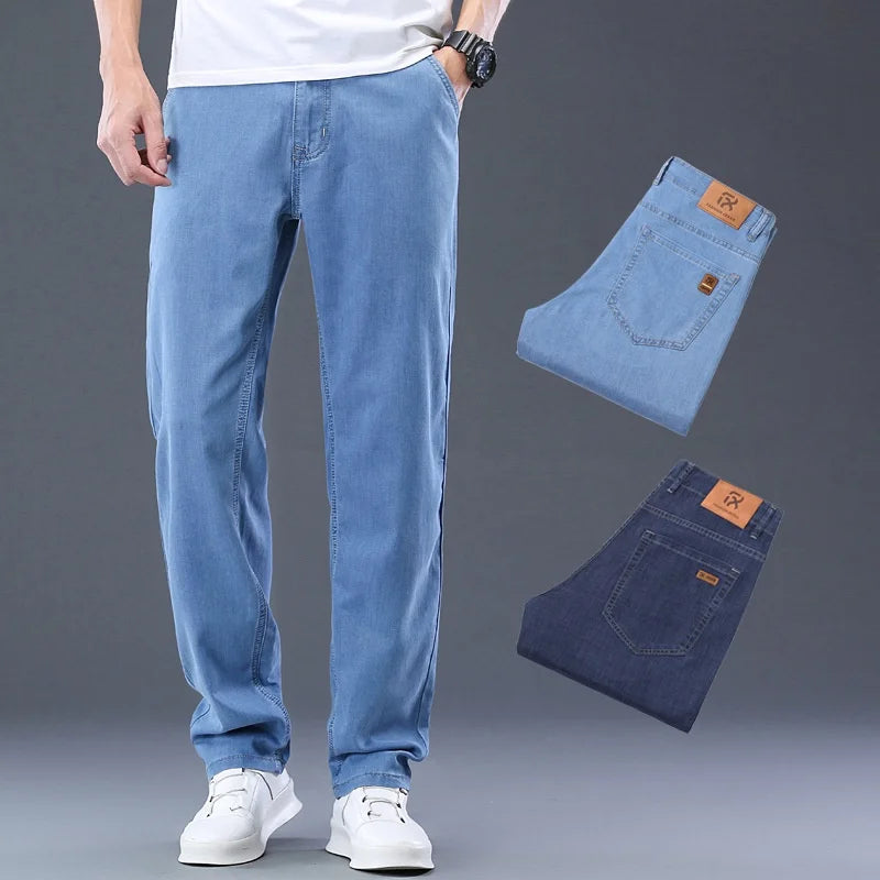 Calça Masculina Casual de Verão – Tecido Leve, Cintura Alta, Jeans de Algodão com Elastano, Lavagem Efeito "Ice Silk", Corte Reto e Solto