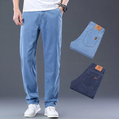 Calça Masculina Casual de Verão – Tecido Leve, Cintura Alta, Jeans de Algodão com Elastano, Lavagem Efeito "Ice Silk", Corte Reto e Solto