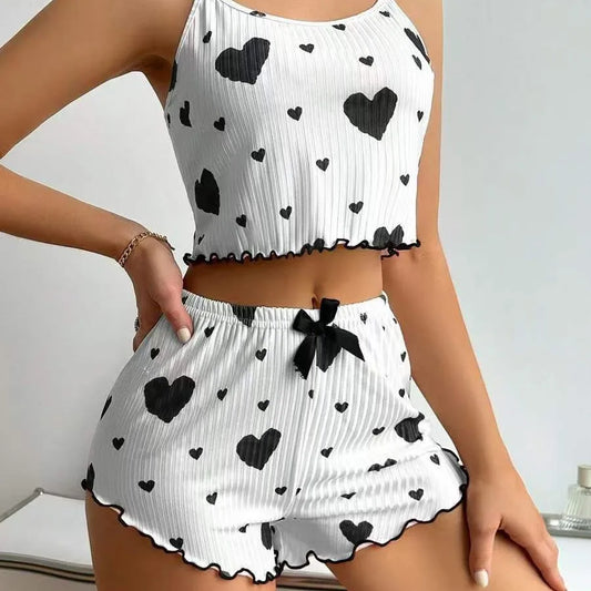 Conjunto de Pijama Feminino de 2 Peças com Estampa de Corações: Top Cropped Sem Mangas e Shorts – Roupa de Dormir e de Ficar em Casa Macia e Confortável para o Verão
