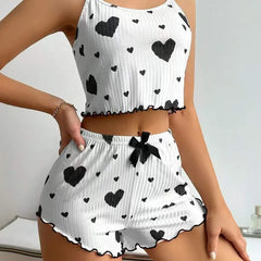Conjunto de Pijama Feminino de 2 Peças com Estampa de Corações: Top Cropped Sem Mangas e Shorts – Roupa de Dormir e de Ficar em Casa Macia e Confortável para o Verão