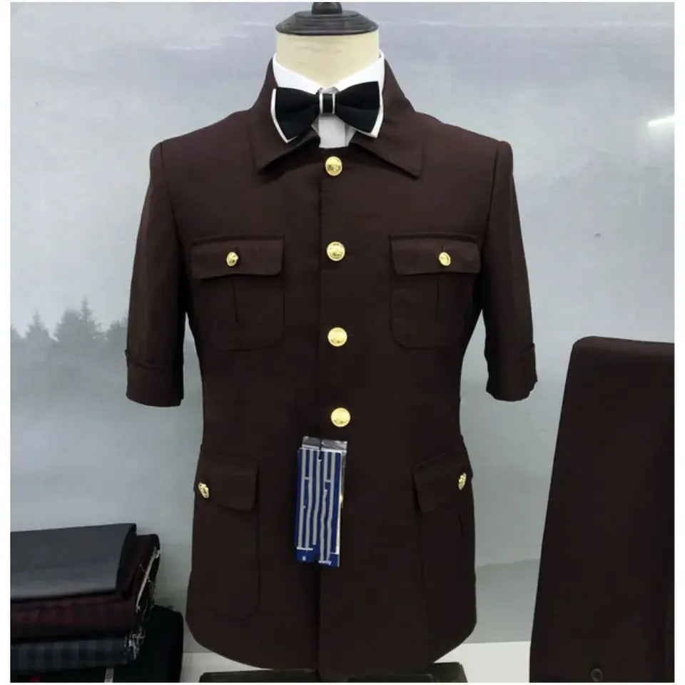 Conjunto de Terno Masculino Estilo Safári Marrom (2 Peças): Blazer de Verão Manga Curta e Calça – Ideal para Casamentos, Noivos, Festas e Eventos – Modelagem Regular Fit