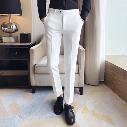Calças masculinas de primavera e verão, calças brancas puras da moda, calças casuais de negócios simples estilo japonês da moda