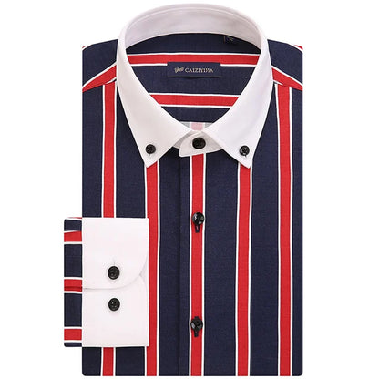 Gola de contraste masculina listrado manga longa botão para baixo vestido camisa pocketless design magro casual listrado blusa camisas de manguito branco