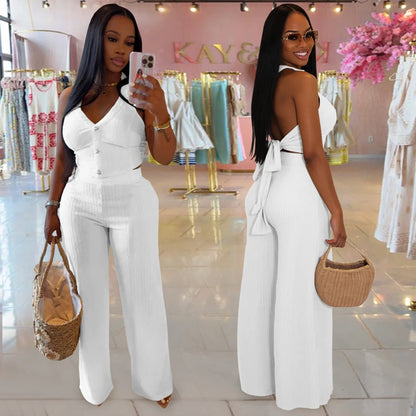 Conjunto feminino casual de duas peças: blusa frente única com amarração, botões e cor sólida + calça soltinha (tendência de verão)