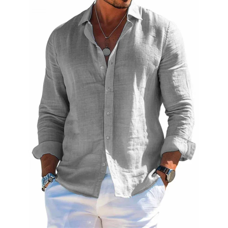 Camisa Masculina de Verão Versátil e Lisa – Estilo Casual/Praia, Manga Longa, Gola Clássica e Modelagem Slim Fit