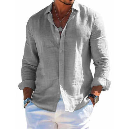 Camisa Masculina de Verão Versátil e Lisa – Estilo Casual/Praia, Manga Longa, Gola Clássica e Modelagem Slim Fit