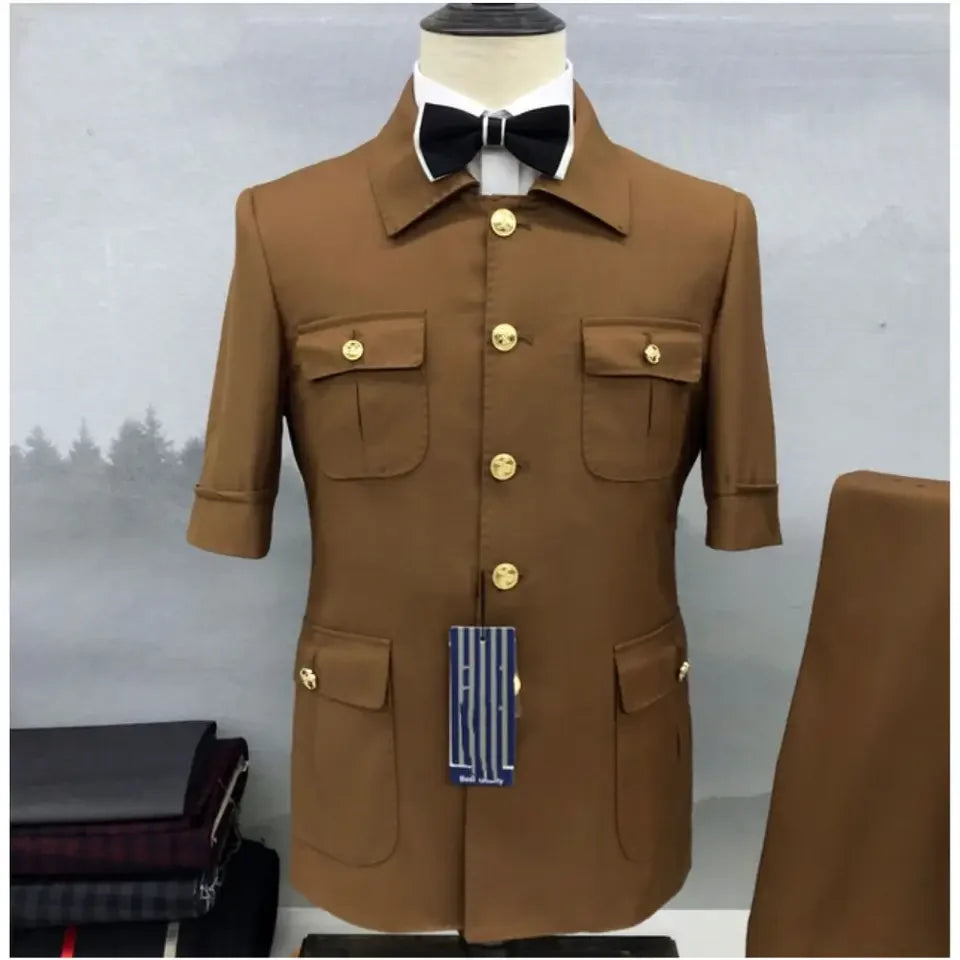 Conjunto de Terno Masculino Estilo Safári Marrom (2 Peças): Blazer de Verão Manga Curta e Calça – Ideal para Casamentos, Noivos, Festas e Eventos – Modelagem Regular Fit