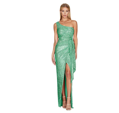 Moda Feminina Instagram – Vestido Plissado de Um Ombro Só com Amarração – Vestido de Festa com Lantejoulas (Estilo "Sweet & Spicy")
