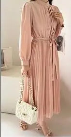 Women's Minimalist Long Sleeve Solid Color Stand up Collar Tie up Waist Pleated Women's Clothes Casual Loose Fitting Dress