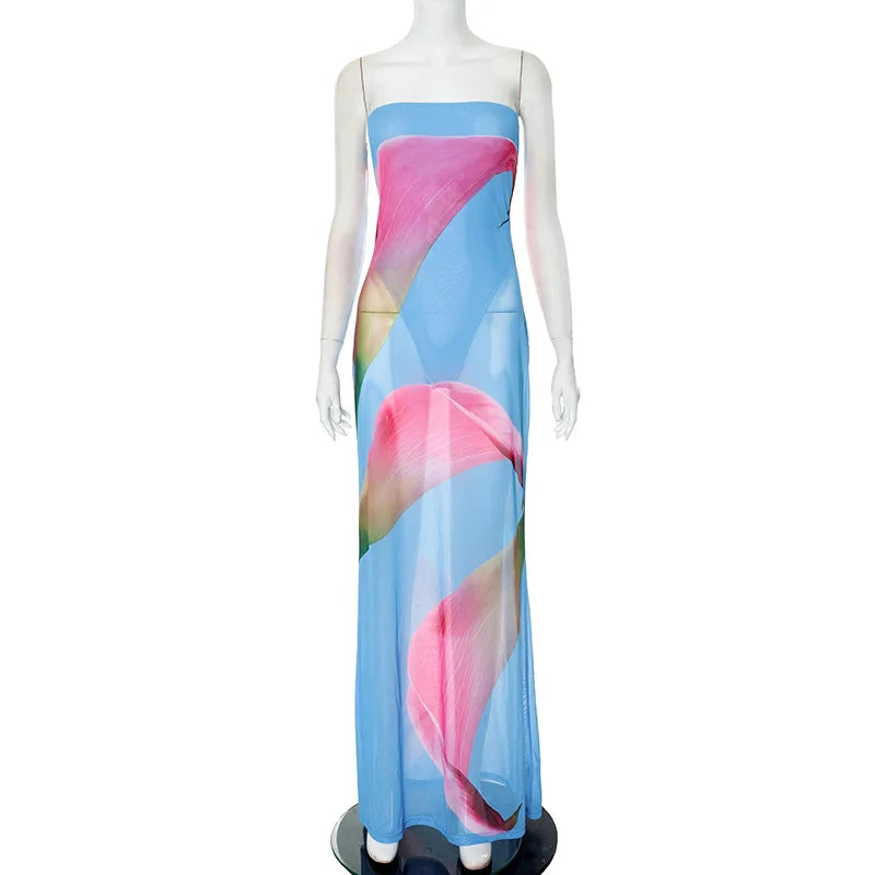 Vestido longo feminino casual de verão com estampa floral da moda, modelagem slim, corte reto e elegante para praia.
