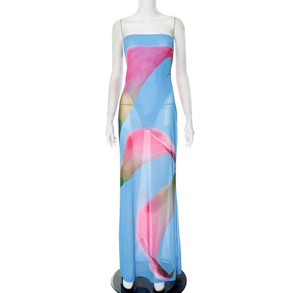 Vestido longo feminino casual de verão com estampa floral da moda, modelagem slim, corte reto e elegante para praia.