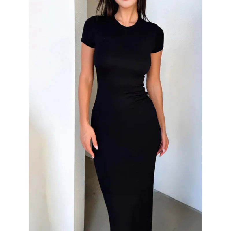 Vestido midi feminino de cor sólida, justo ao corpo, manga curta, elegante, macio, versátil para primavera/verão, ideal para festas, ocasiões casuais e uso diário.