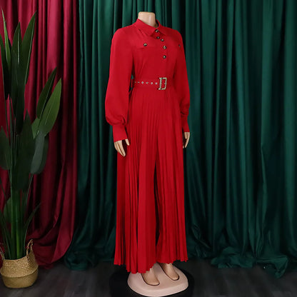Macacão feminino de inverno com design moderno, modelagem solta e pregas, pernas largas, elegante para o escritório, com mangas compridas e cinto.