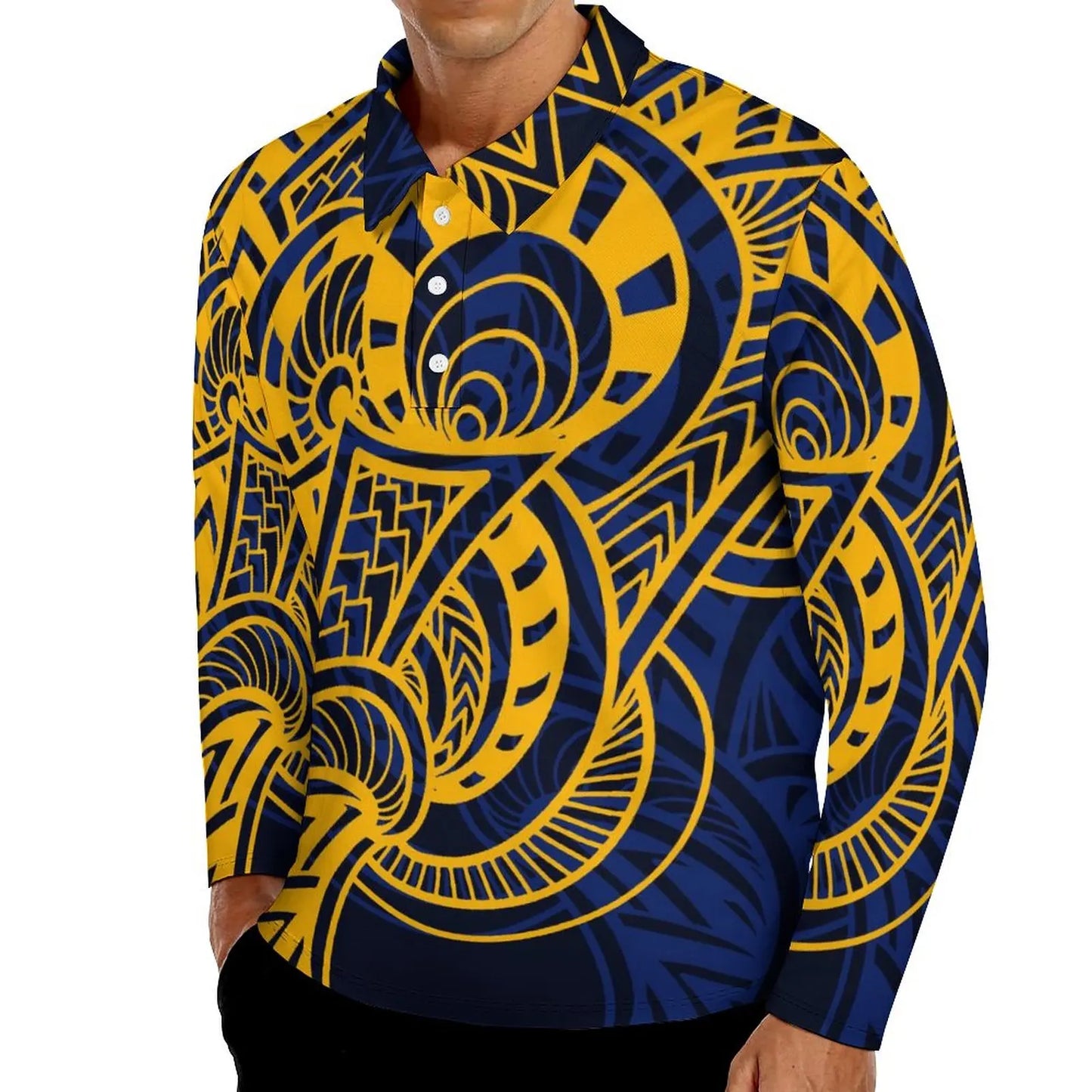 Camisa Polo Masculina Plus Size de Manga Longa com Estampa de Plumeria (Estilo Havaiano) e Design de Tatuagem Polinésia/Samoana