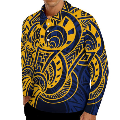 Camisa Polo Masculina Plus Size de Manga Longa com Estampa de Plumeria (Estilo Havaiano) e Design de Tatuagem Polinésia/Samoana