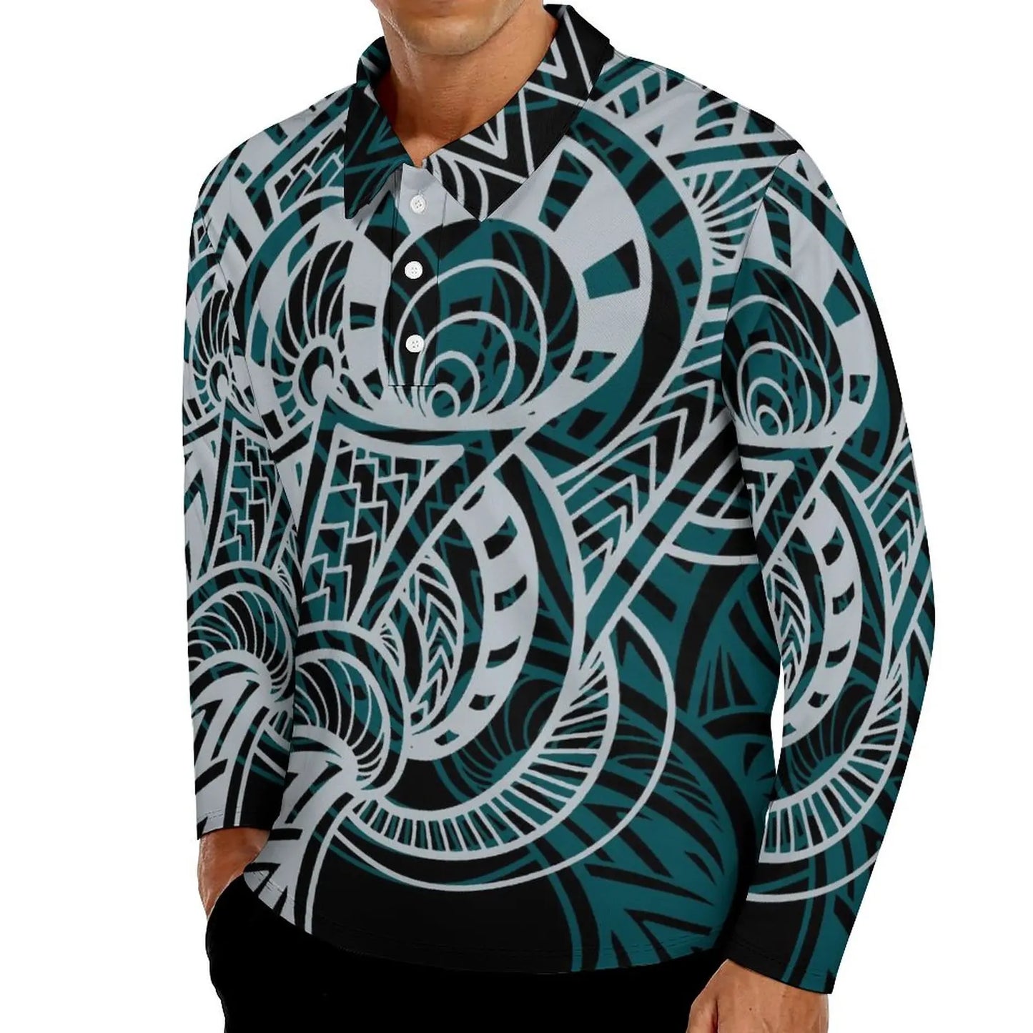 Camisa Polo Masculina Plus Size de Manga Longa com Estampa de Plumeria (Estilo Havaiano) e Design de Tatuagem Polinésia/Samoana